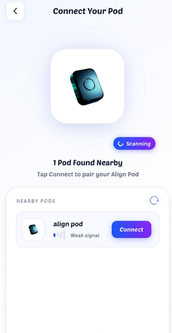 AlignPod app Bluetooth pod connection screen scanning for nearby pods
