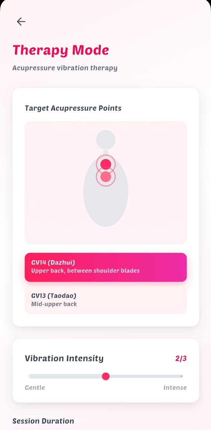 AlignPod app Therapy Mode screen with acupressure vibration targeting